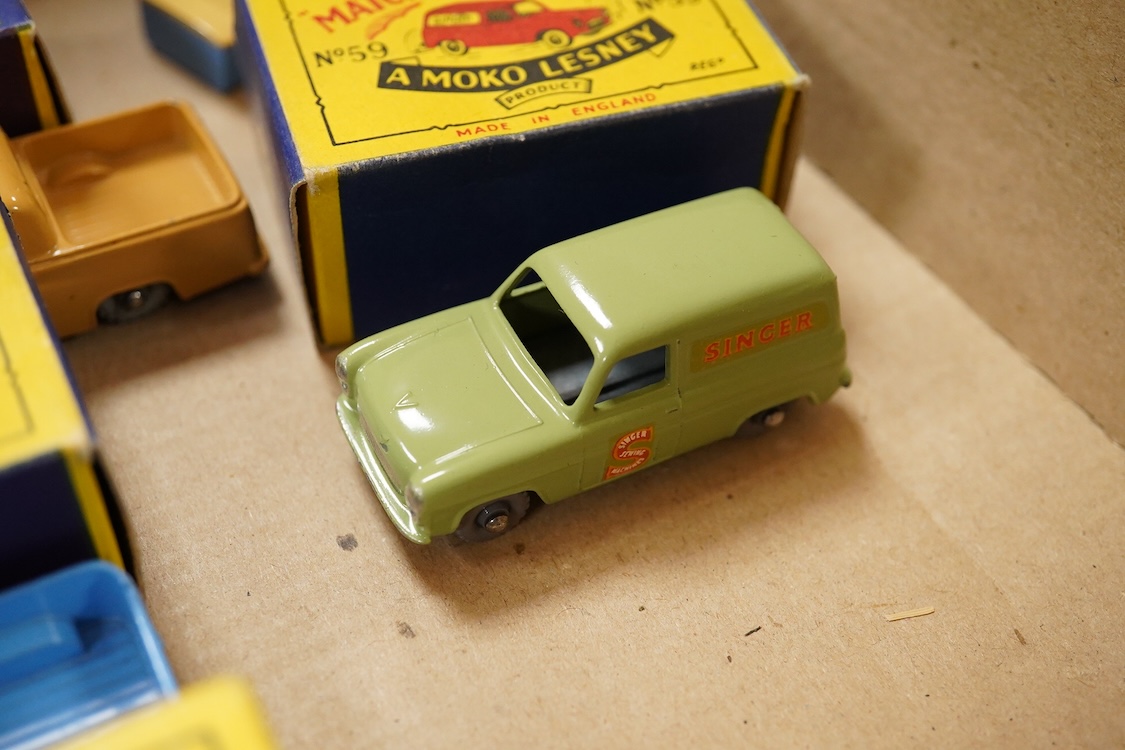 Eleven boxed Matchbox Series 1-75 regular wheels vehicles; 46; Morris Minor, 48; Meteor sports boat and trailer, 50; Commer pick-up truck (creasing to one end of the box), 54; Saracen personnel carrier, 55; DUKW amphibia